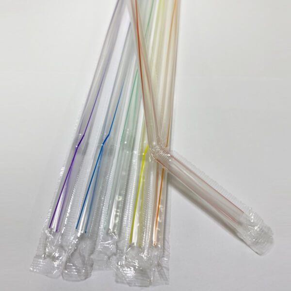Single plastic wrapped bendy straw